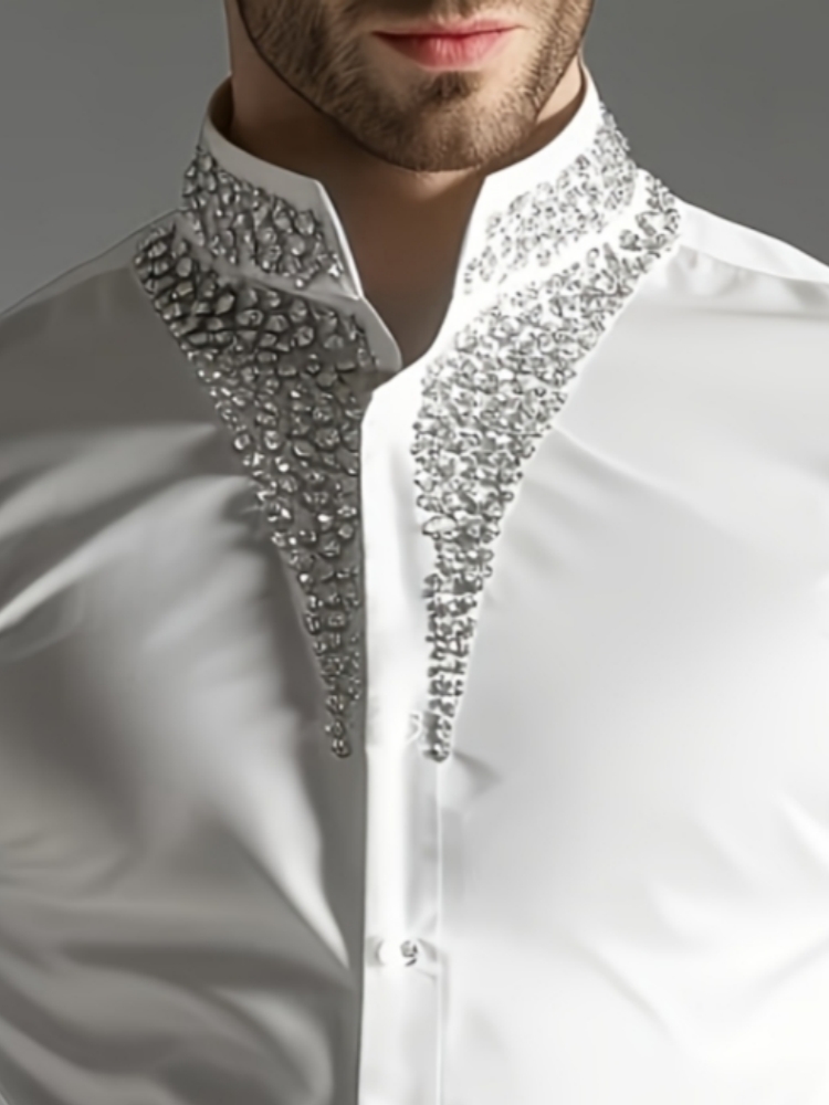 Luxury Rhinestone Shirt for Me - Mandarin Collar Formal Shirt Slim Fit review and price
