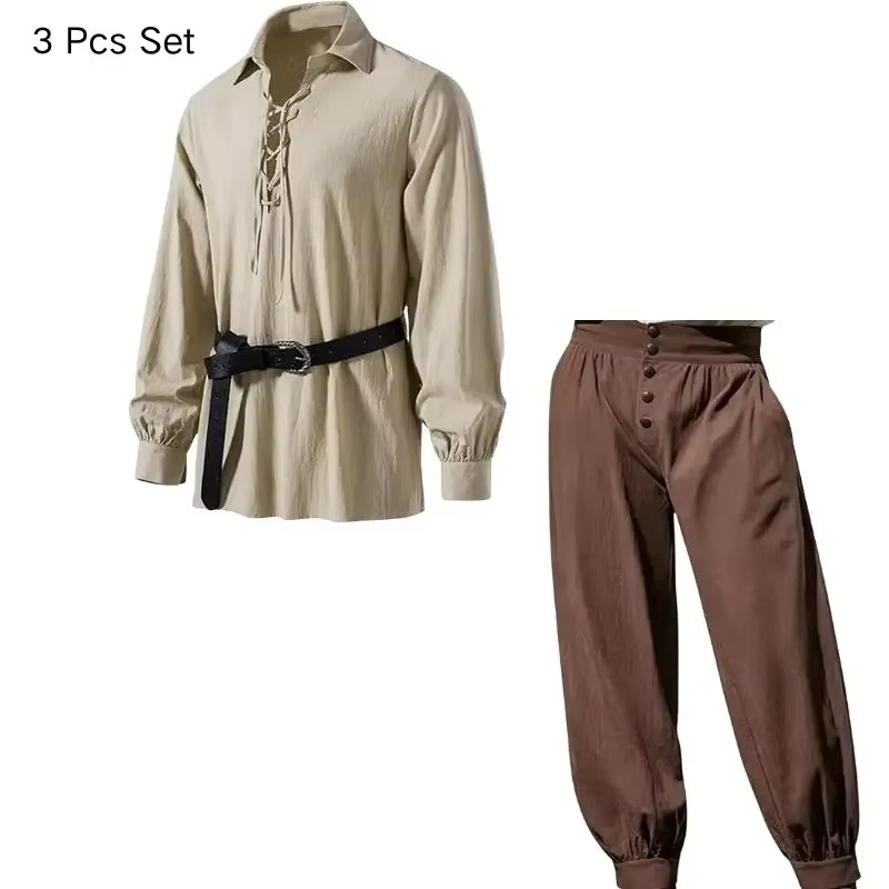 Men Medieval Viking Pirate 3 P - Medieval Gothic Lace Up Pirate Shirt review and price